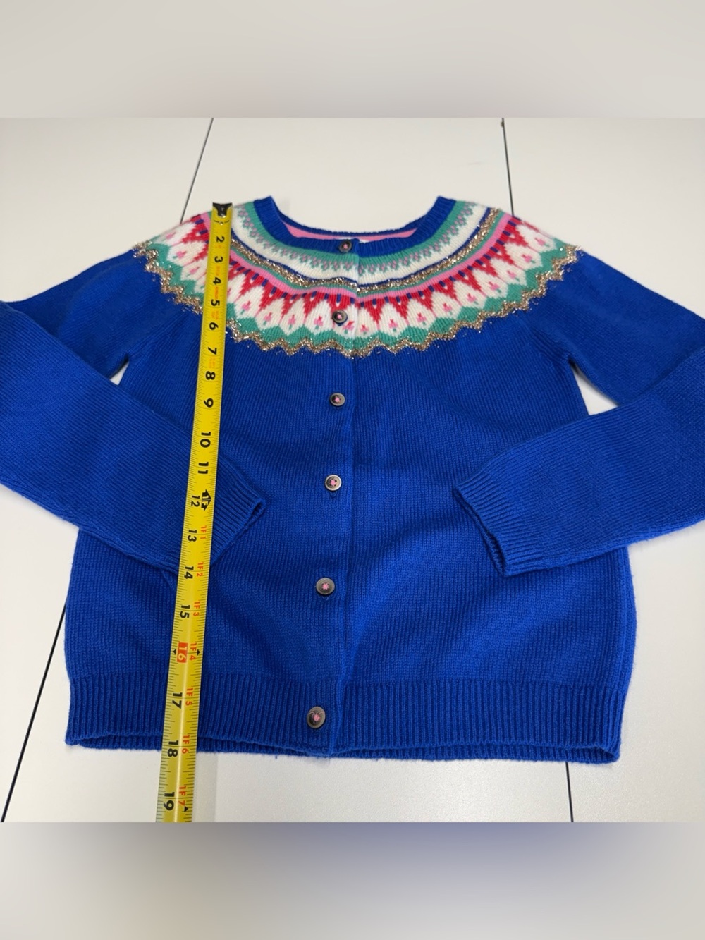 Mini Boden Girls' Fair Isle Sweater Cardigan Sz 8-9y Cobalt Blue Nordic Classic - Picture 7 of 9